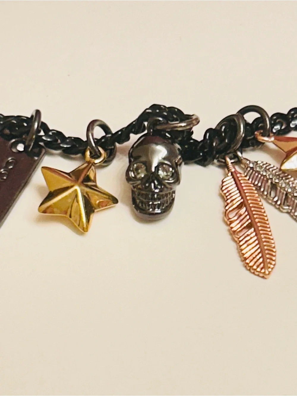 EXTREMELY RARE Coach Black Chain Necklace with Skull, Feather, Star Charms